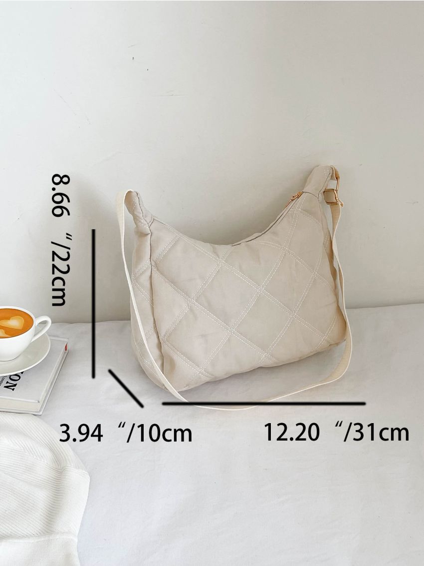 White Hobo Bag Minimalist Argyle Quilted Adjustable Strap Nylon
