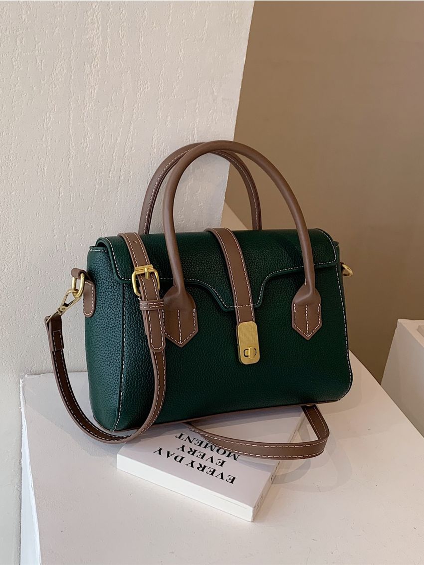 Litchi Embossed Square Bag Twist Lock PU For Daily Life