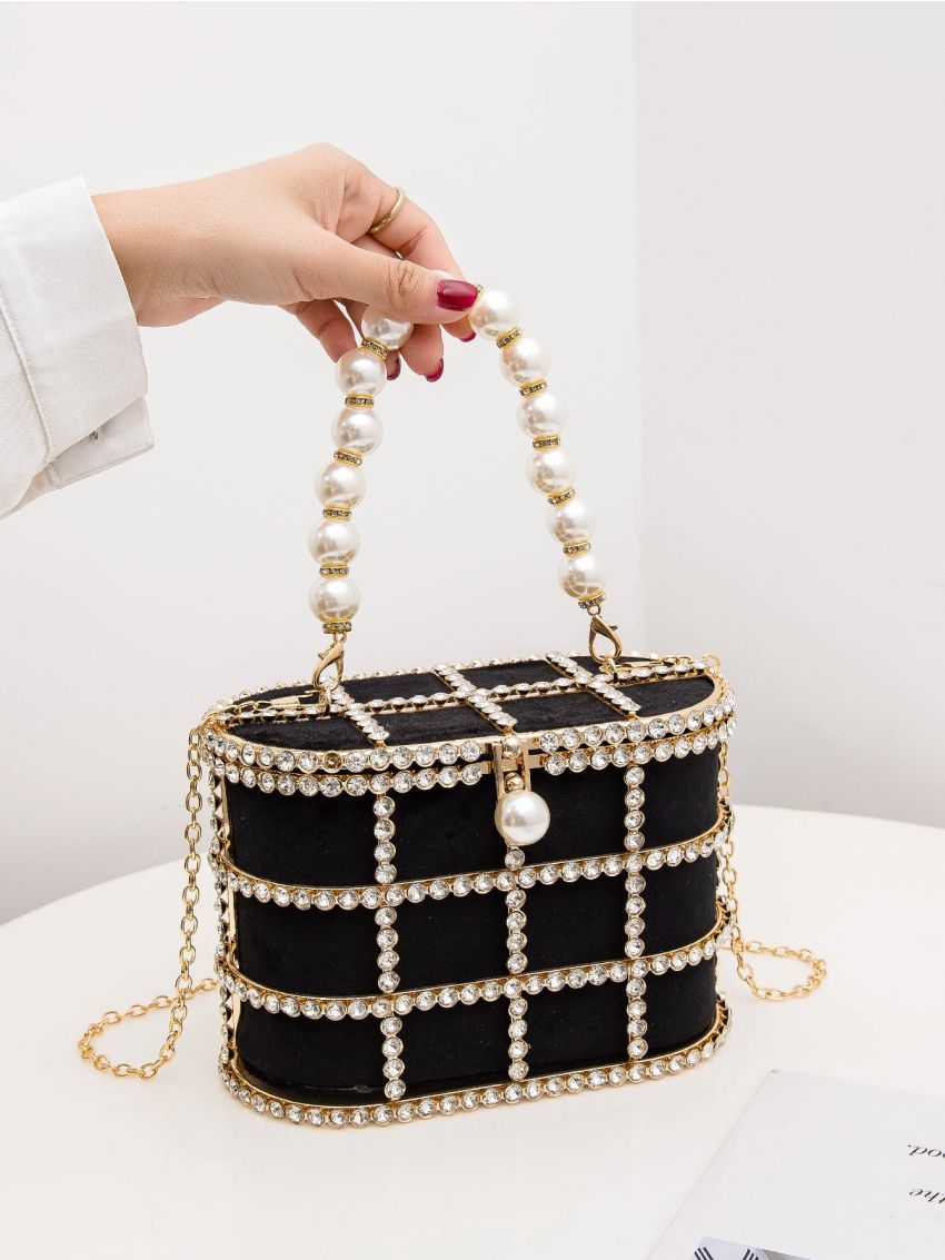 Mini Bucket Bag Rhinestone & Faux Pearl Decor Glamorous For Party