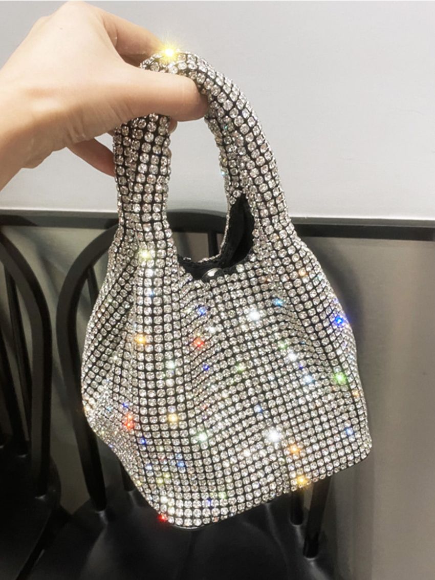 Mini Bucket Bag Rhinestone Decor Glamorous For Party, Perfect Bride Purse For Wedding, Prom & Party Events