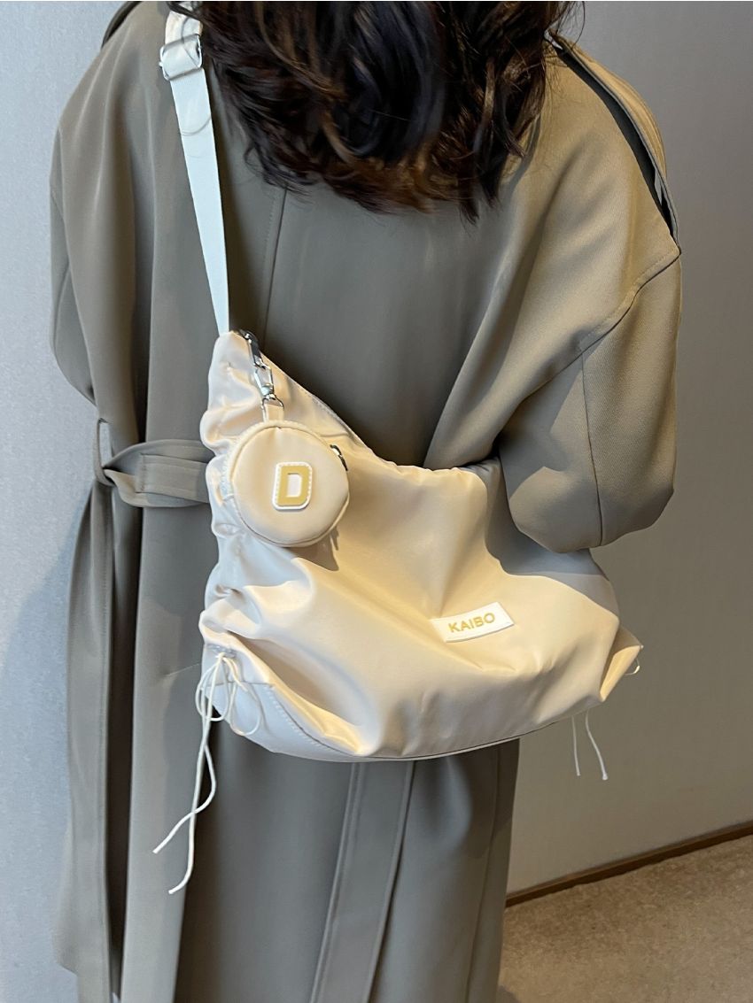 Letter Patch Detail Hobo Bag With Coin Purse Drawstring Decor Nylon For Daily Life