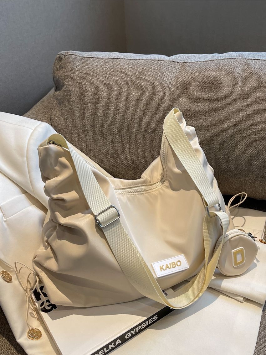 Letter Patch Detail Hobo Bag With Coin Purse Drawstring Decor Nylon For Daily Life