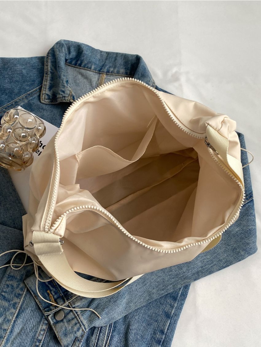 Letter Patch Detail Hobo Bag With Coin Purse Drawstring Decor Nylon For Daily Life