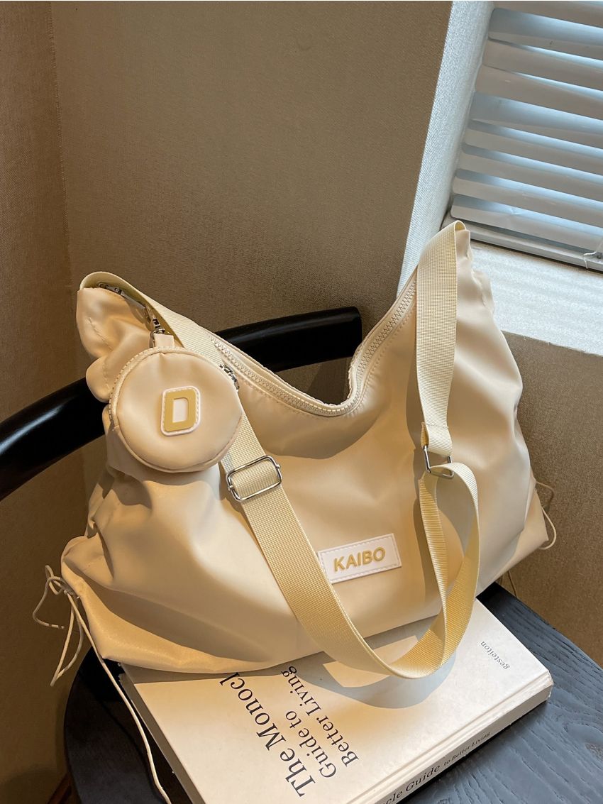 Letter Patch Detail Hobo Bag With Coin Purse Drawstring Decor Nylon For Daily Life