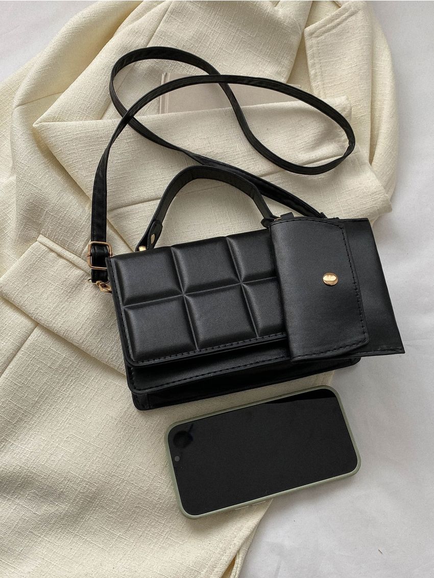 Black Square Bag With Coin Purse Geometric Embossed