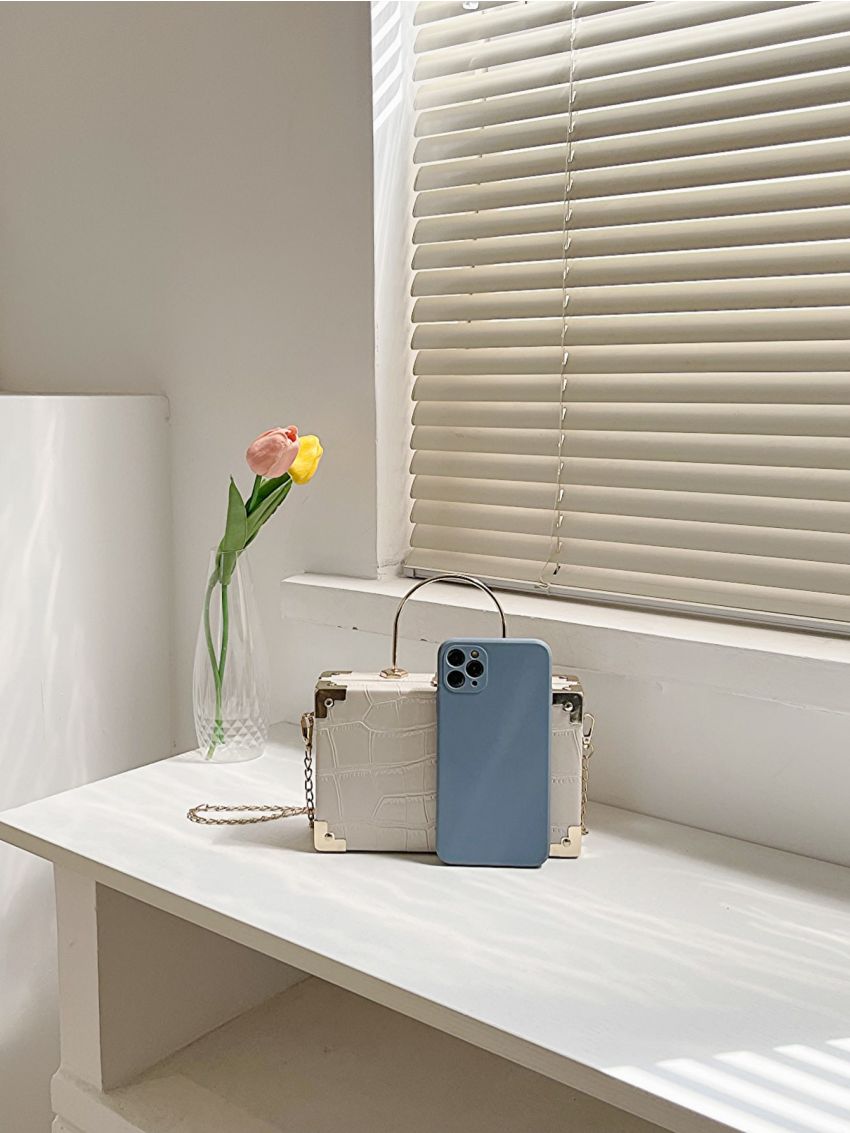 Mini Box Bag Fashionable Crocodile Embossed Metal Lock Top Handle PU