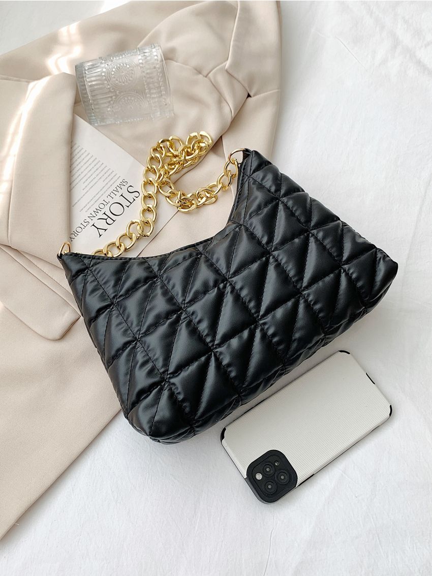 Quilted Pattern Chain Hobo Bag Black Fashion