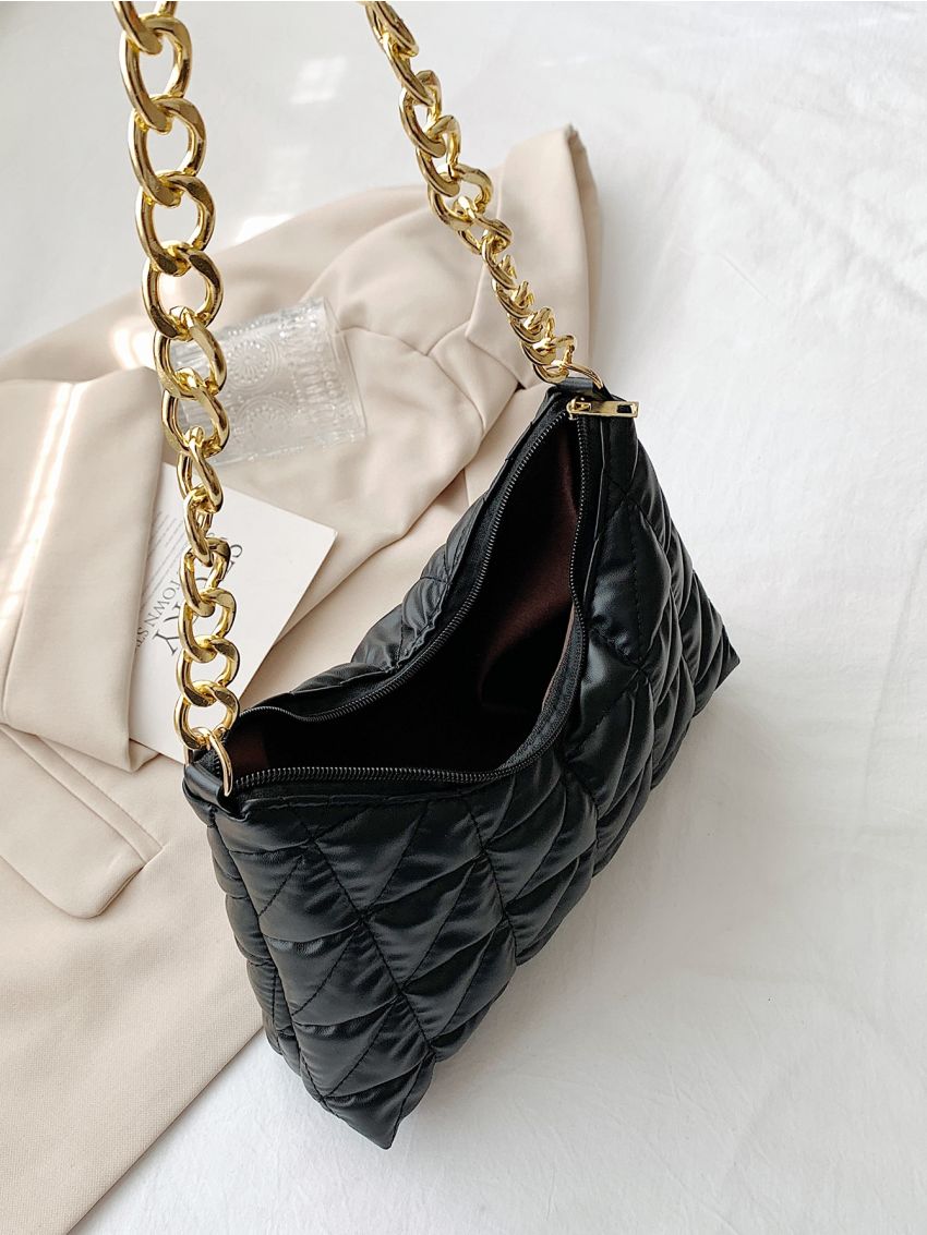 Quilted Pattern Chain Hobo Bag Black Fashion