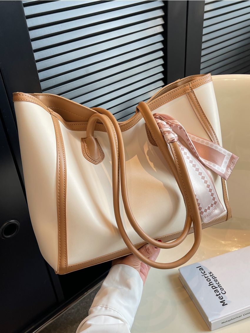 Twilly Scarf Decor Shoulder Tote Bag Fashionable Contrast Binding PU For Daily Life