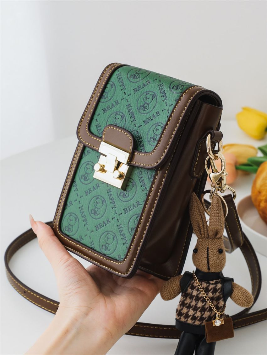 Mini Square Bag Colorblock Cartoon Bear Pattern With Bag Charm For Daily