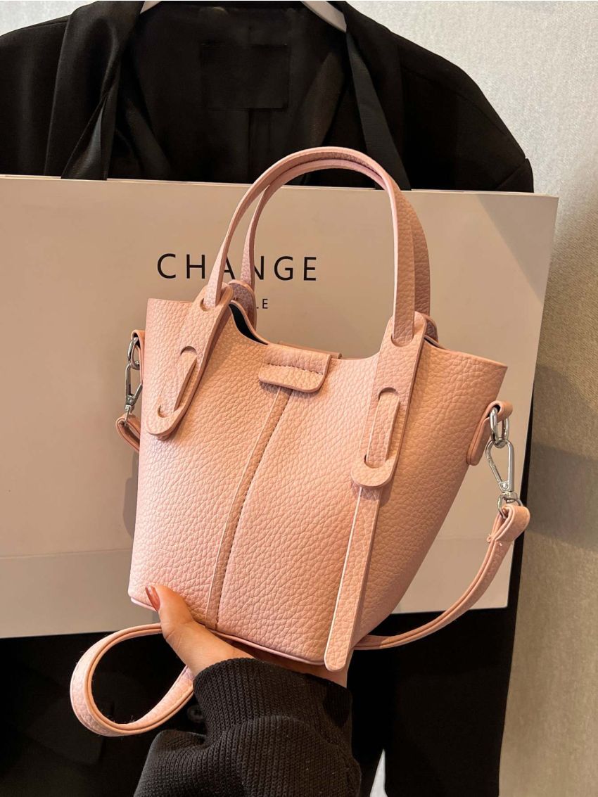 Litchi Embossed Bucket Bag Pink Fashionable For Daily