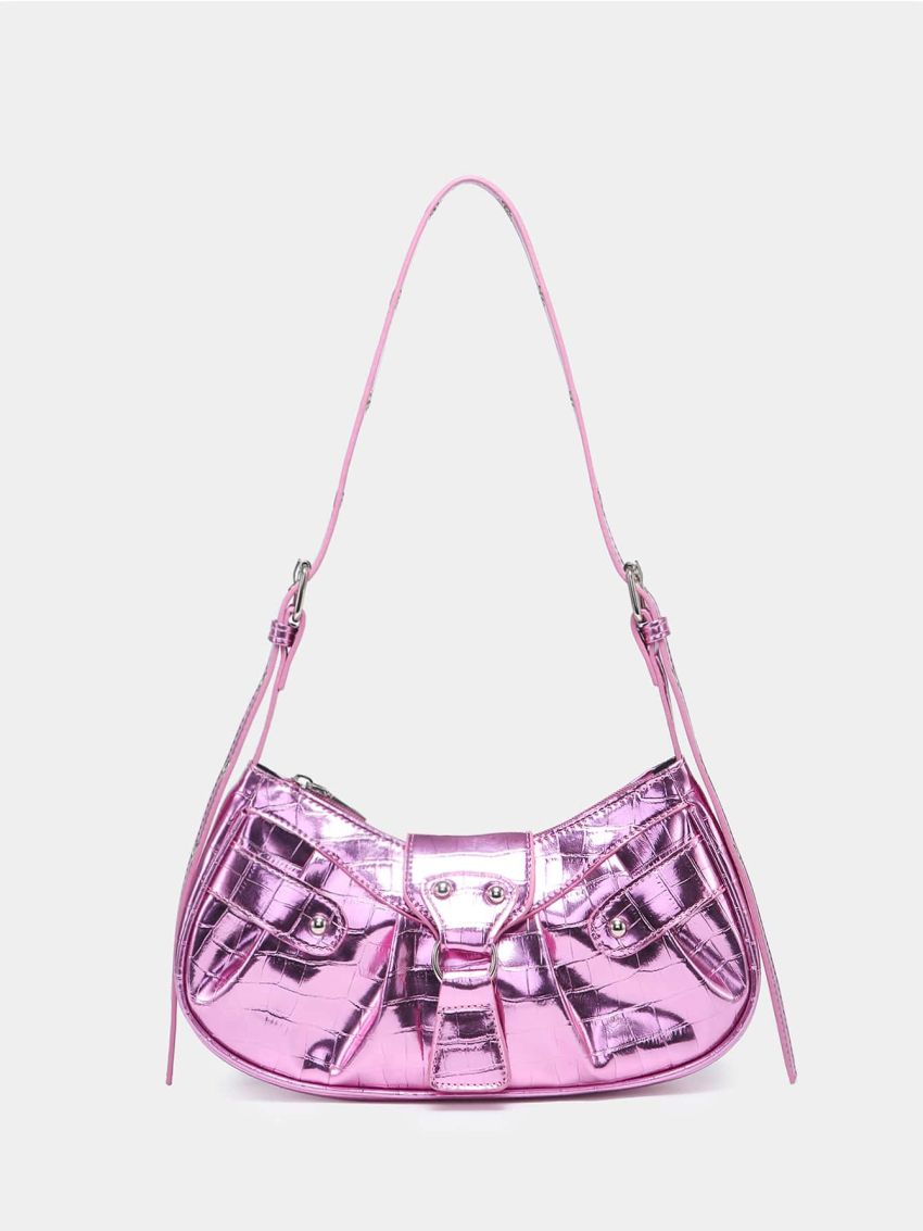Medium Hobo Bag Studded Decor Ruched Detail Metallic Pink