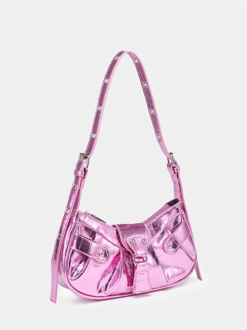 Medium Hobo Bag Studded Decor Ruched Detail Metallic Pink