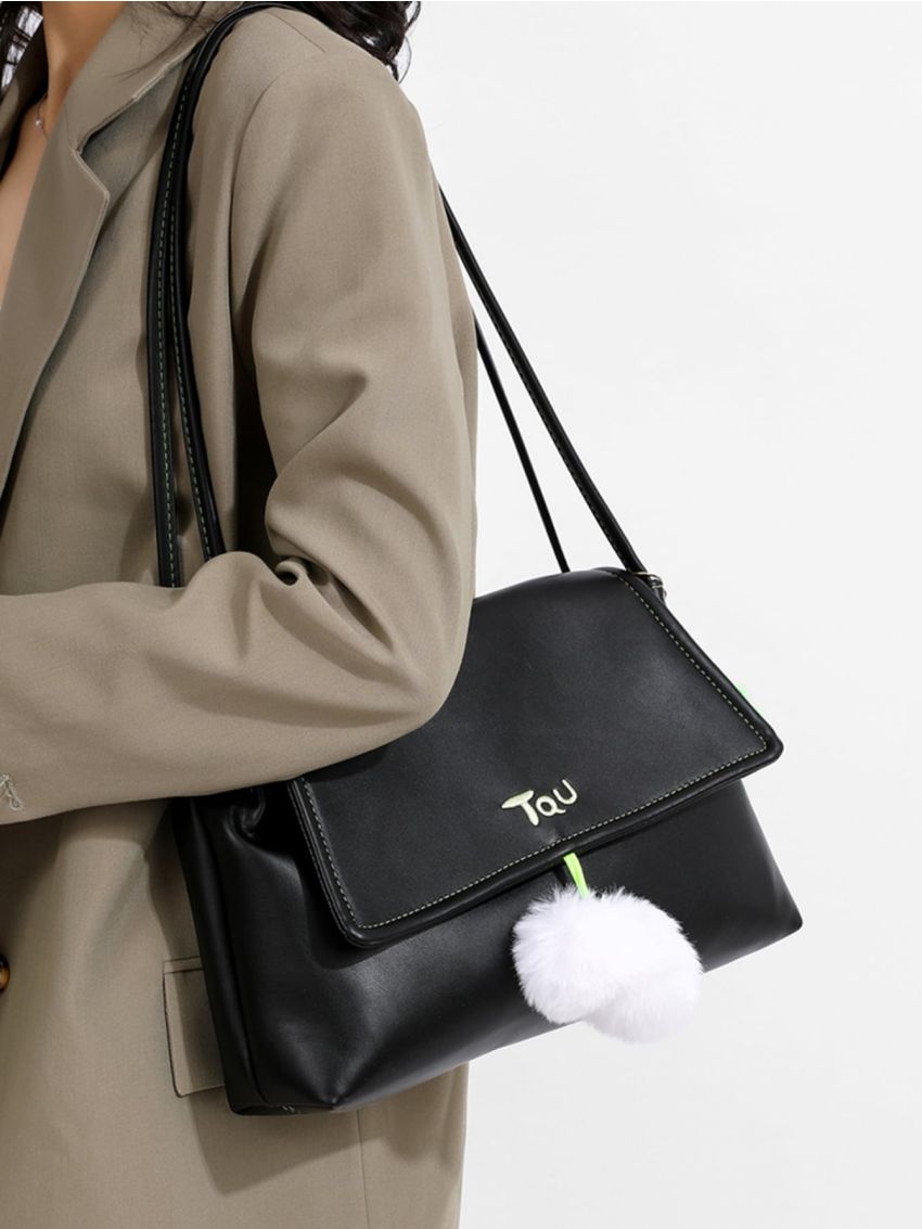Pom Pom Decor Shoulder Tote Bag Flap Small Black