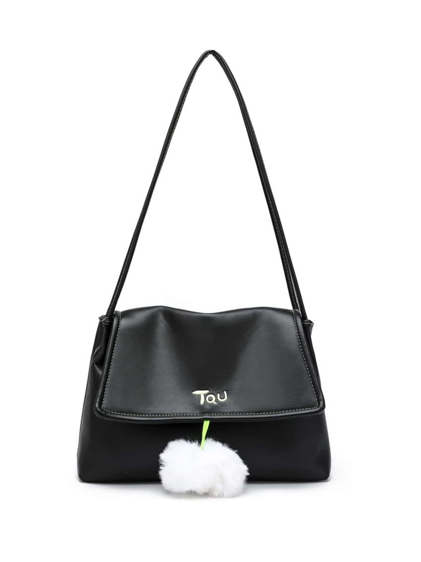 Pom Pom Decor Shoulder Tote Bag Flap Small Black