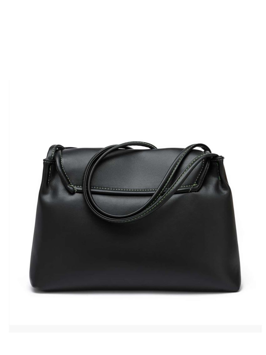 Pom Pom Decor Shoulder Tote Bag Flap Small Black