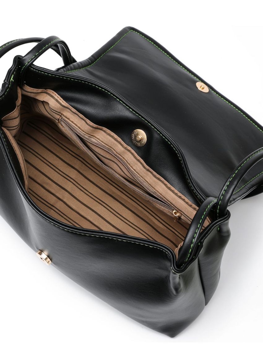 Pom Pom Decor Shoulder Tote Bag Flap Small Black