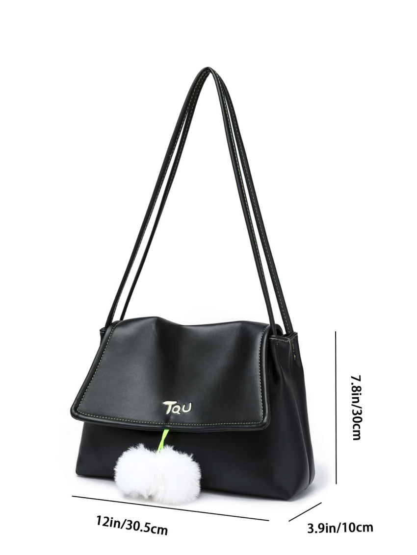 Pom Pom Decor Shoulder Tote Bag Flap Small Black