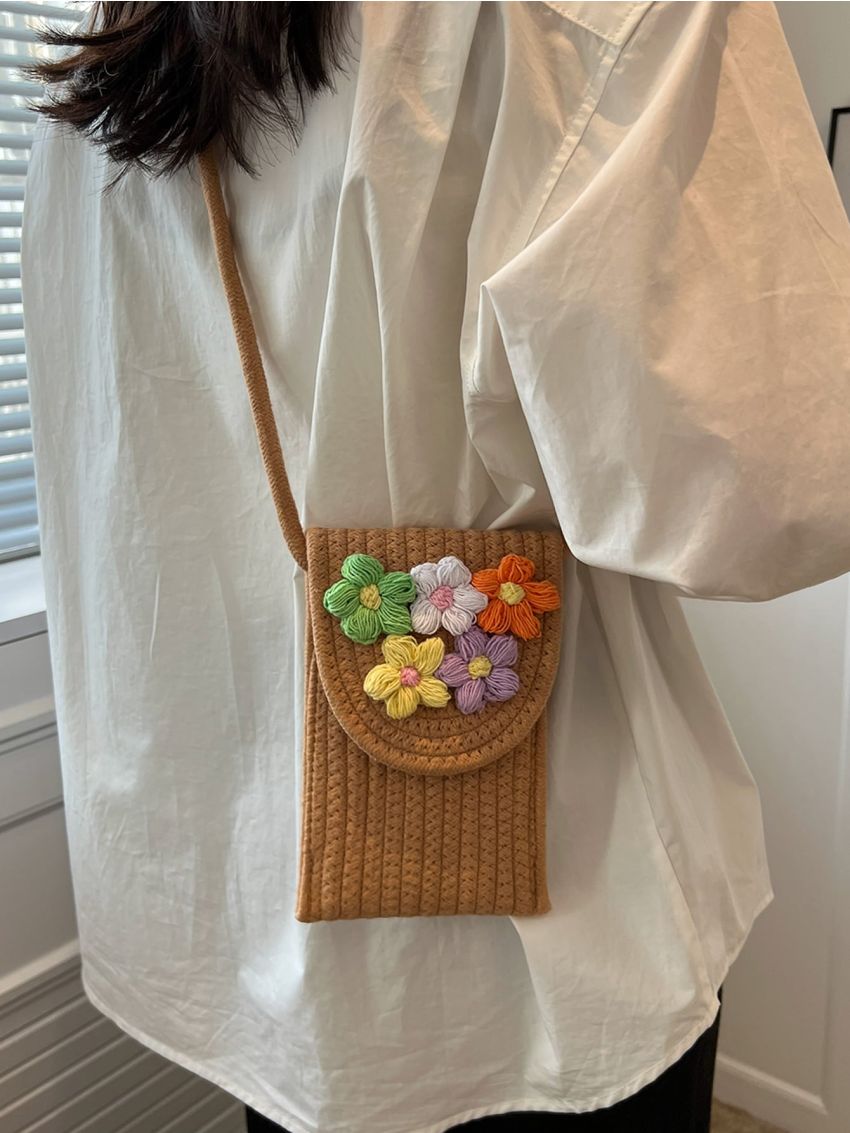 Mini Flap Straw Bag Flower Decor