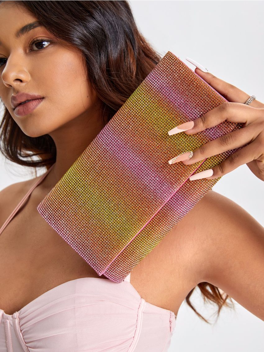 Ombre Rhinestone Decor Flap Chain Square Bag