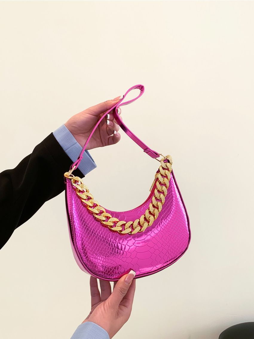 Crocodile Embossed Hobo Bag Chain Decor Funky Style