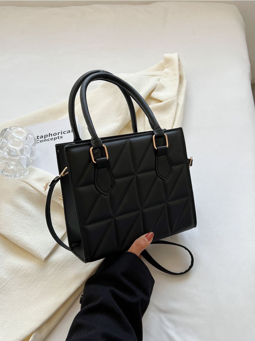 Mini Square Bag Quilted Detail Double Handle Black PU Elegant