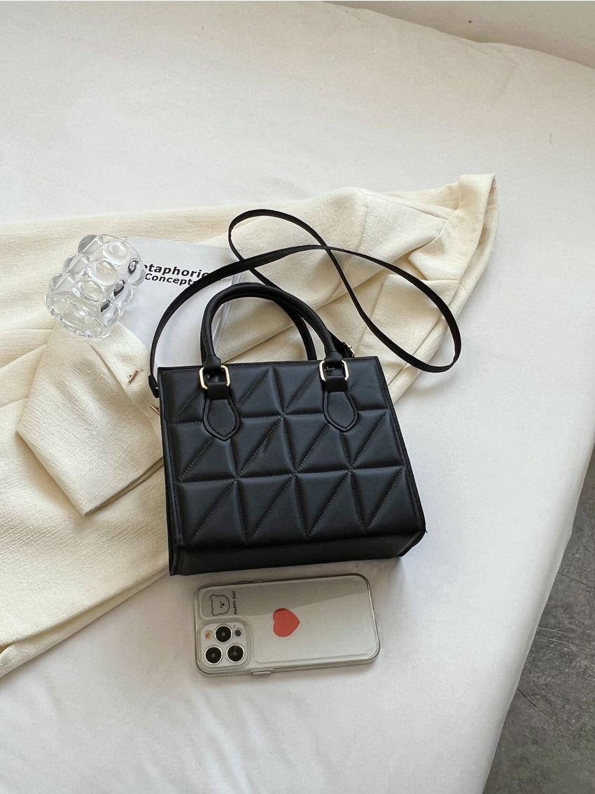 Mini Square Bag Quilted Detail Double Handle Black PU Elegant