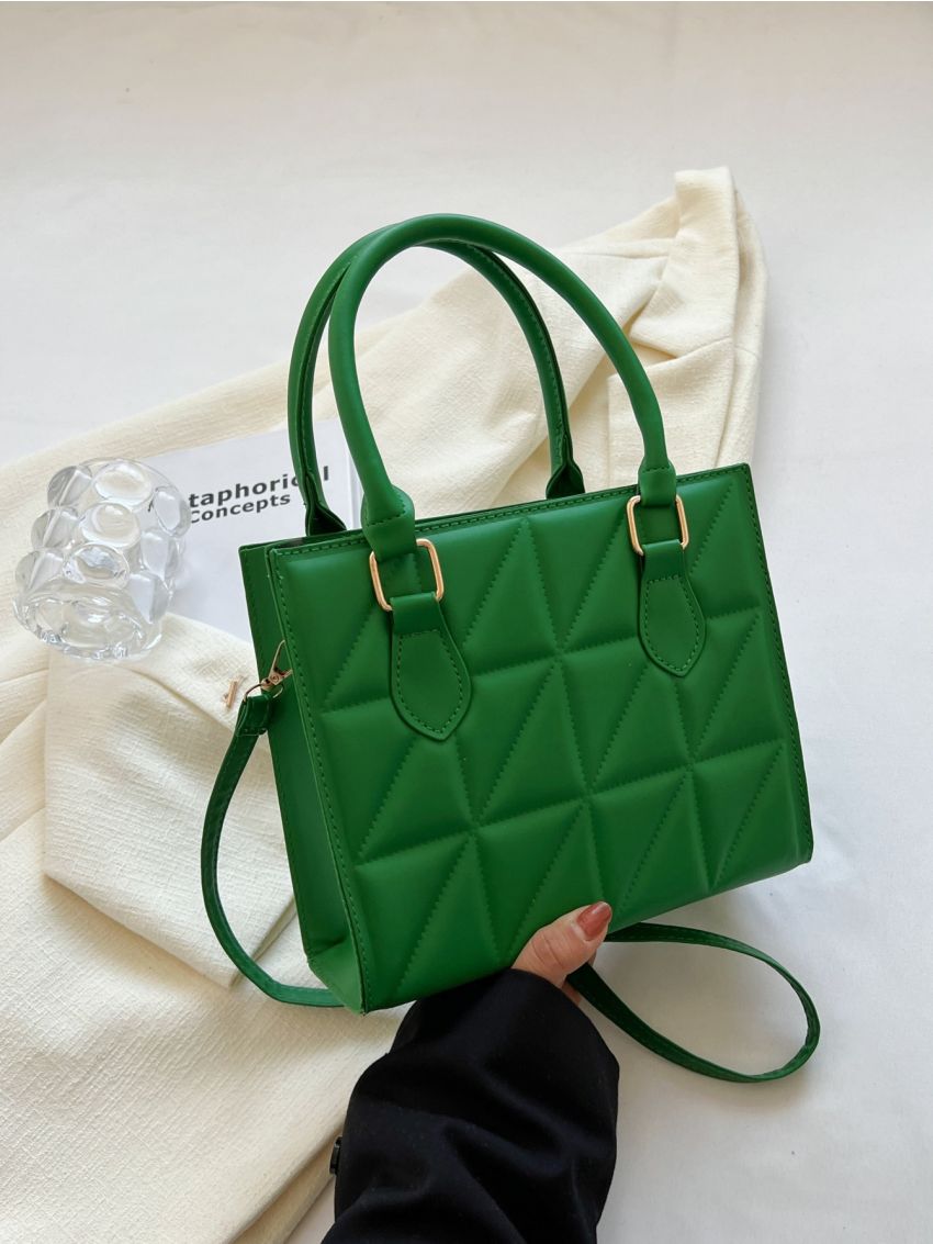 Quilted Square Bag Double Handle Small Green