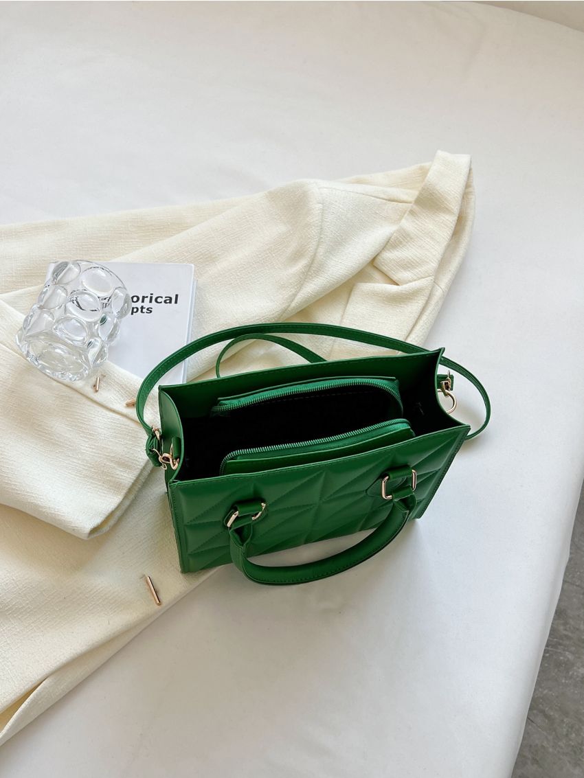 Quilted Square Bag Double Handle Small Green