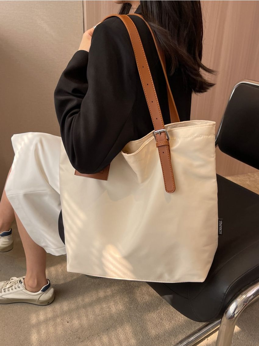 Large Shoulder Tote Bag Letter Patch Buckle Decor For Daily