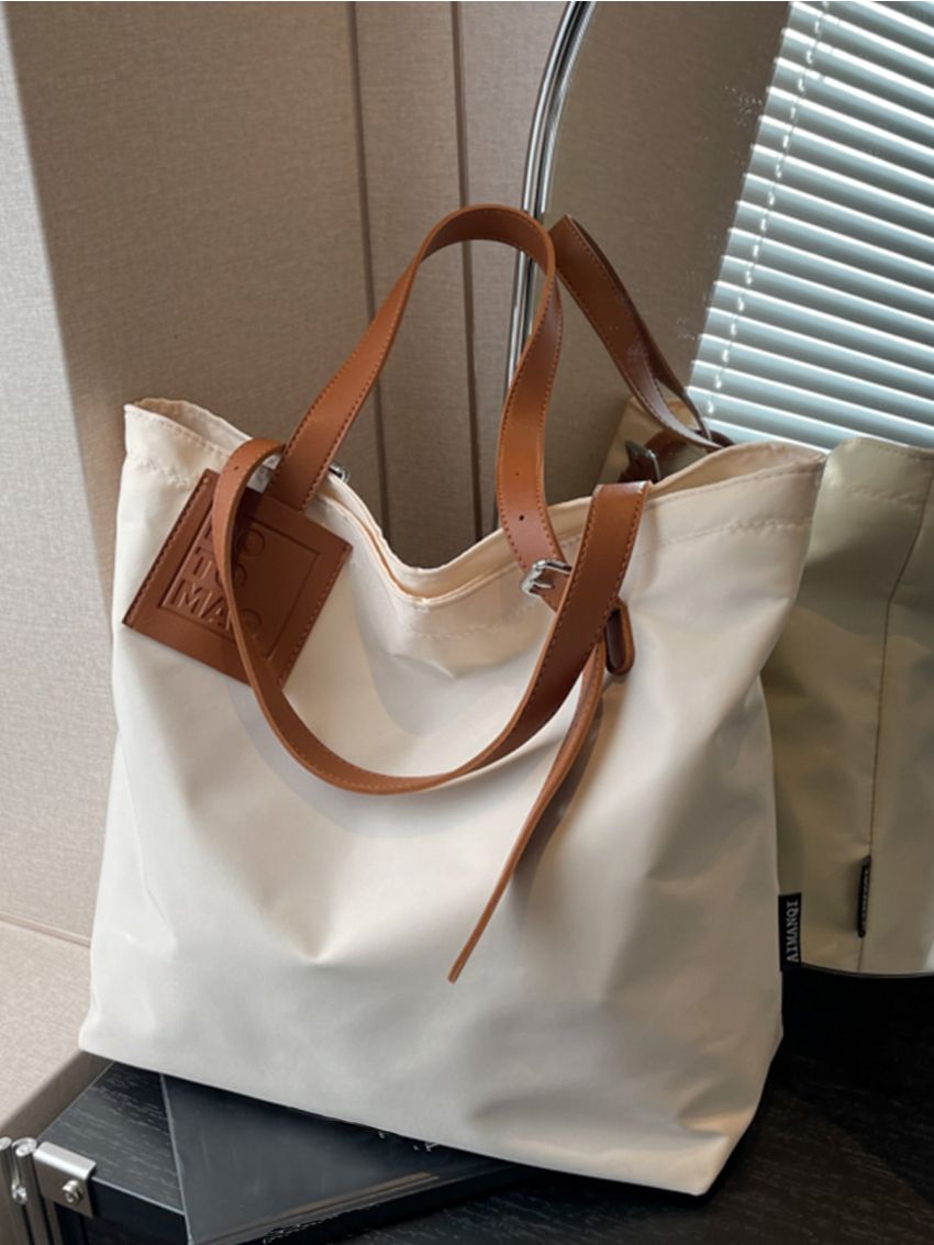 Large Shoulder Tote Bag Letter Patch Buckle Decor For Daily