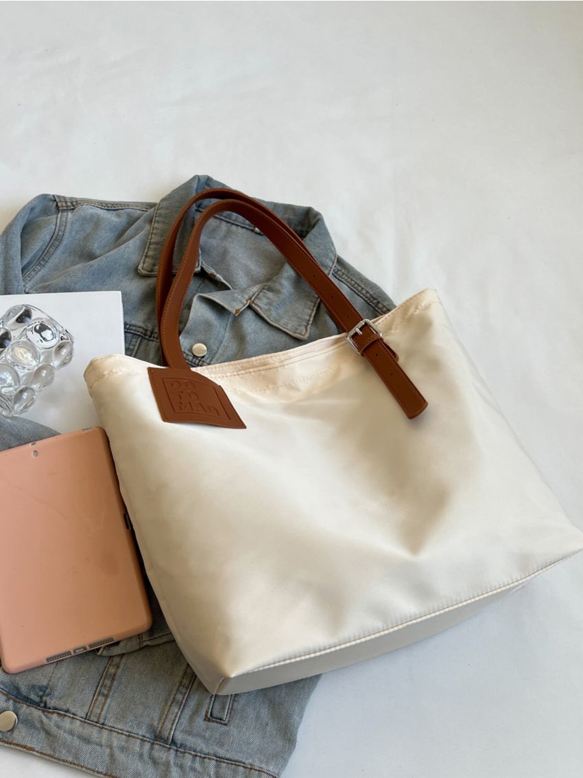 Large Shoulder Tote Bag Letter Patch Buckle Decor For Daily