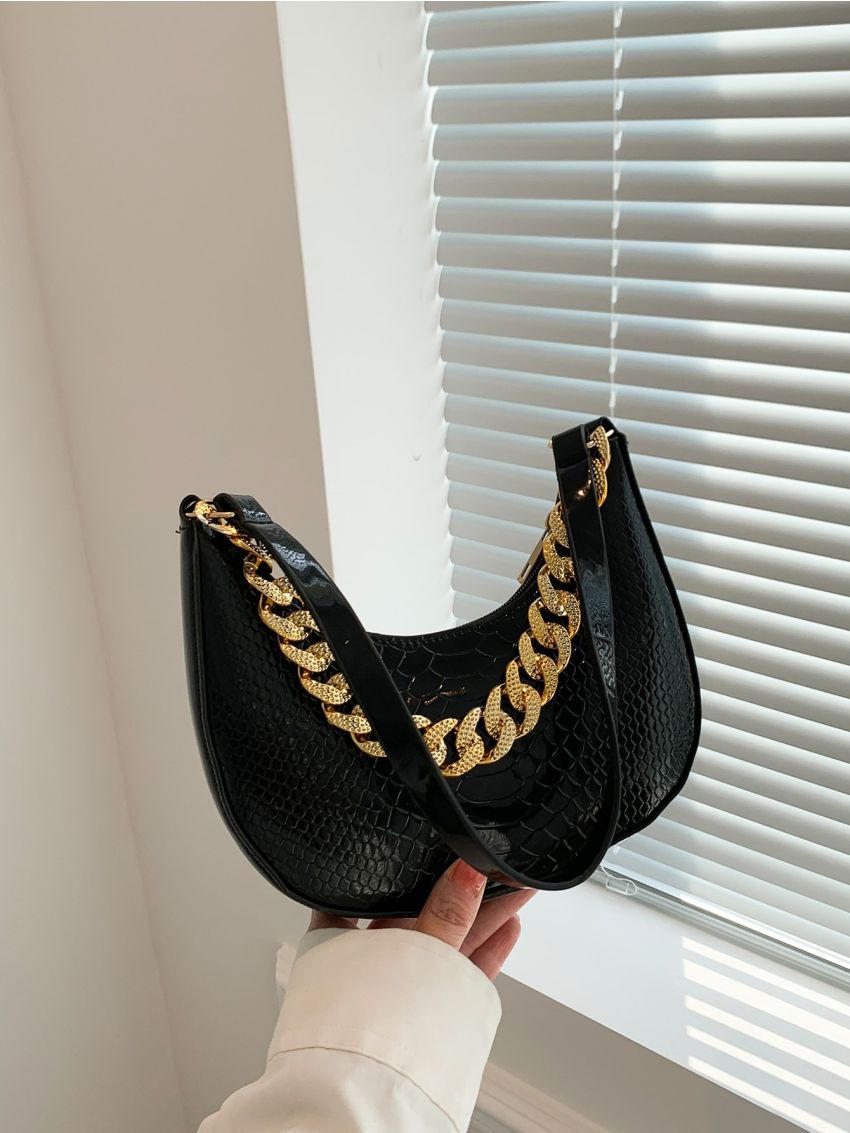 Small Hobo Bag Crocodile Embossed Chain Decor Top Handle