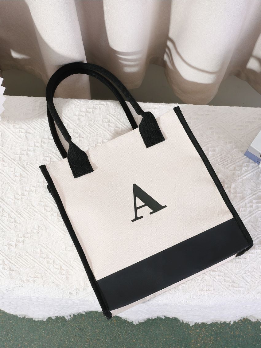 Letter Detail Tote Bag, Women's Simple Canvas Handbag Large Versatile Shopping Bag