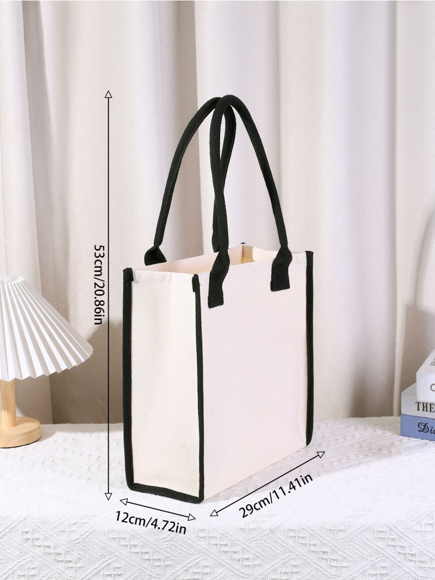 Letter Detail Tote Bag, Women's Simple Canvas Handbag Large Versatile Shopping Bag