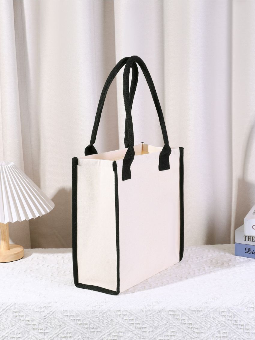 Letter Detail Tote Bag, Women's Simple Canvas Handbag Large Versatile Shopping Bag