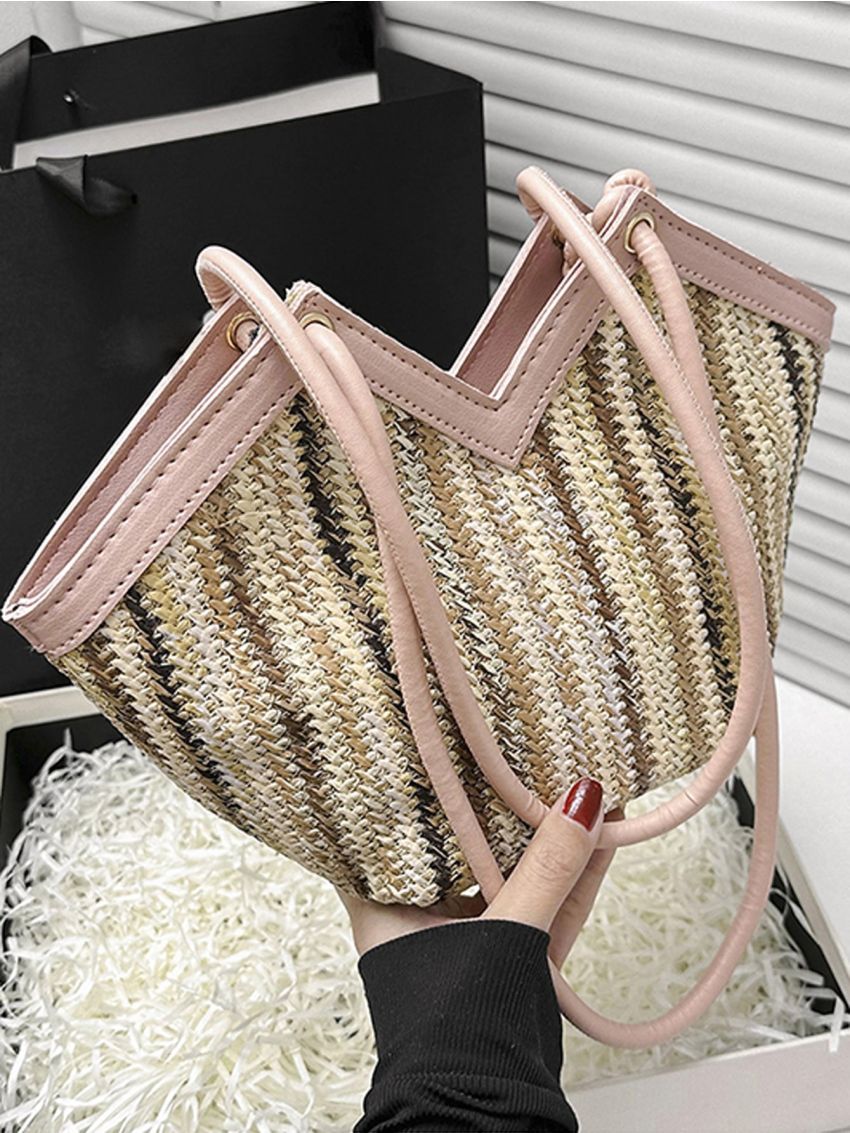 Color Block Straw Bag Contrast Binding Vacation For Summer