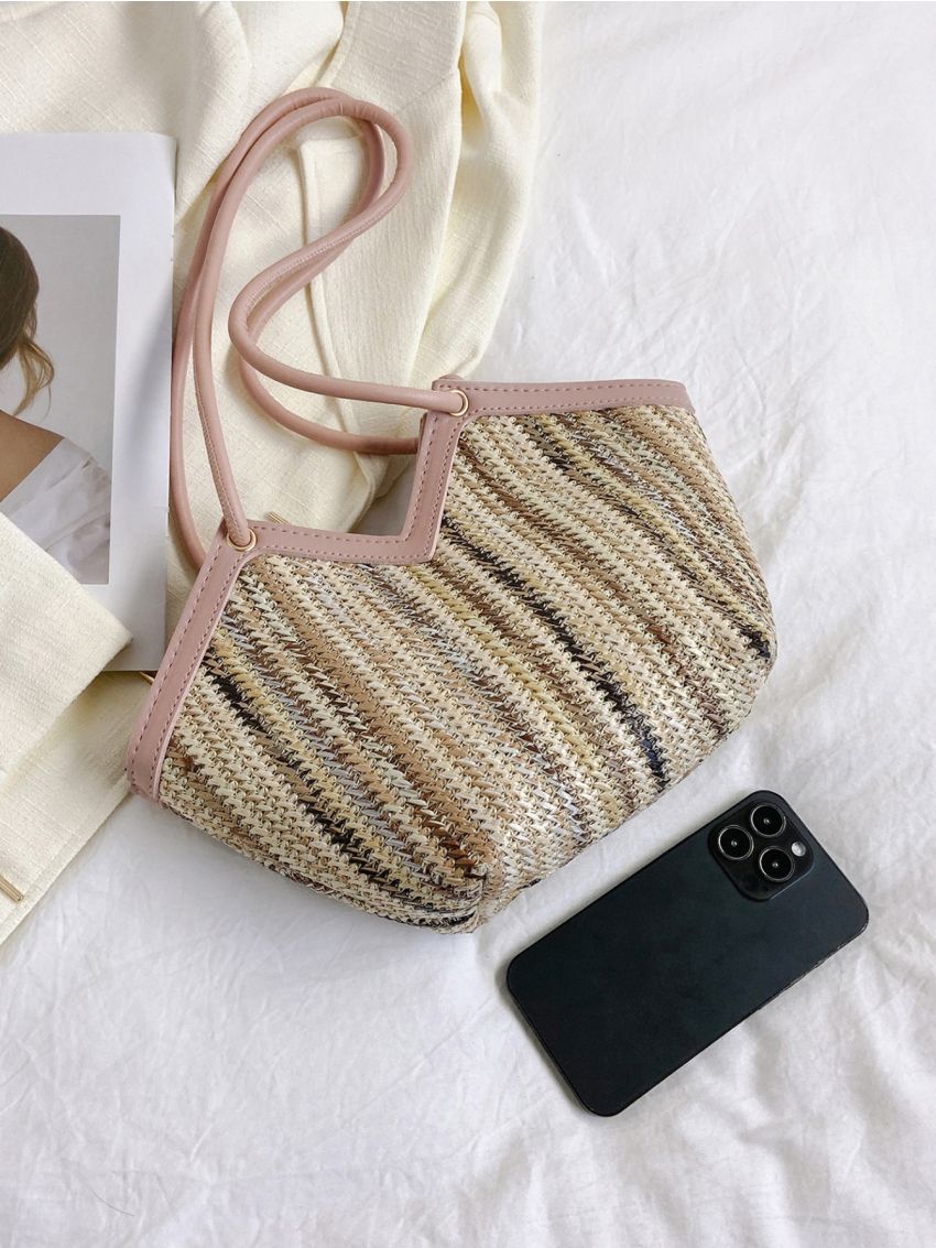 Color Block Straw Bag Contrast Binding Vacation For Summer