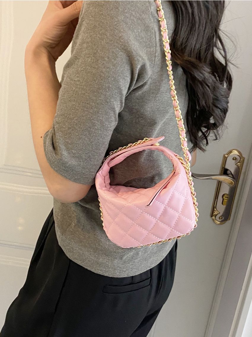 Mini Satchel Bag Fashionable Pink Argyle Quilted Chain PU For Daily Life