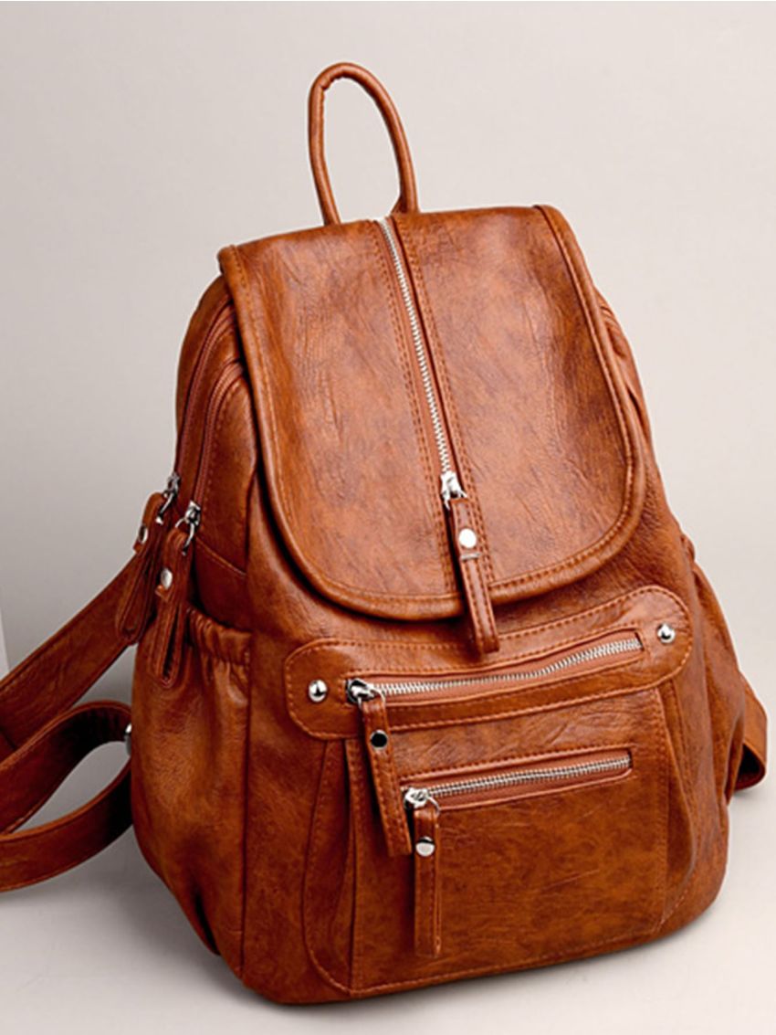 Textured Flap Backpack Vintage Multi Zipper PU For Work And School