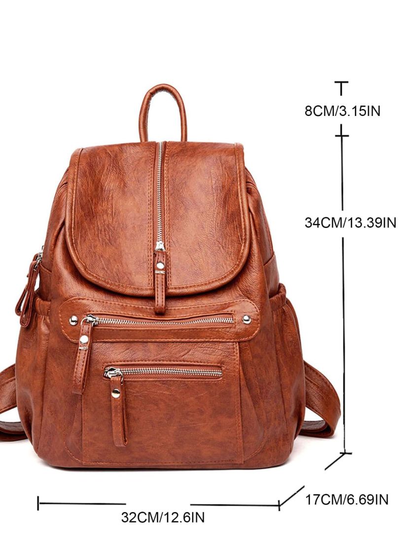 Textured Flap Backpack Vintage Multi Zipper PU For Work And School