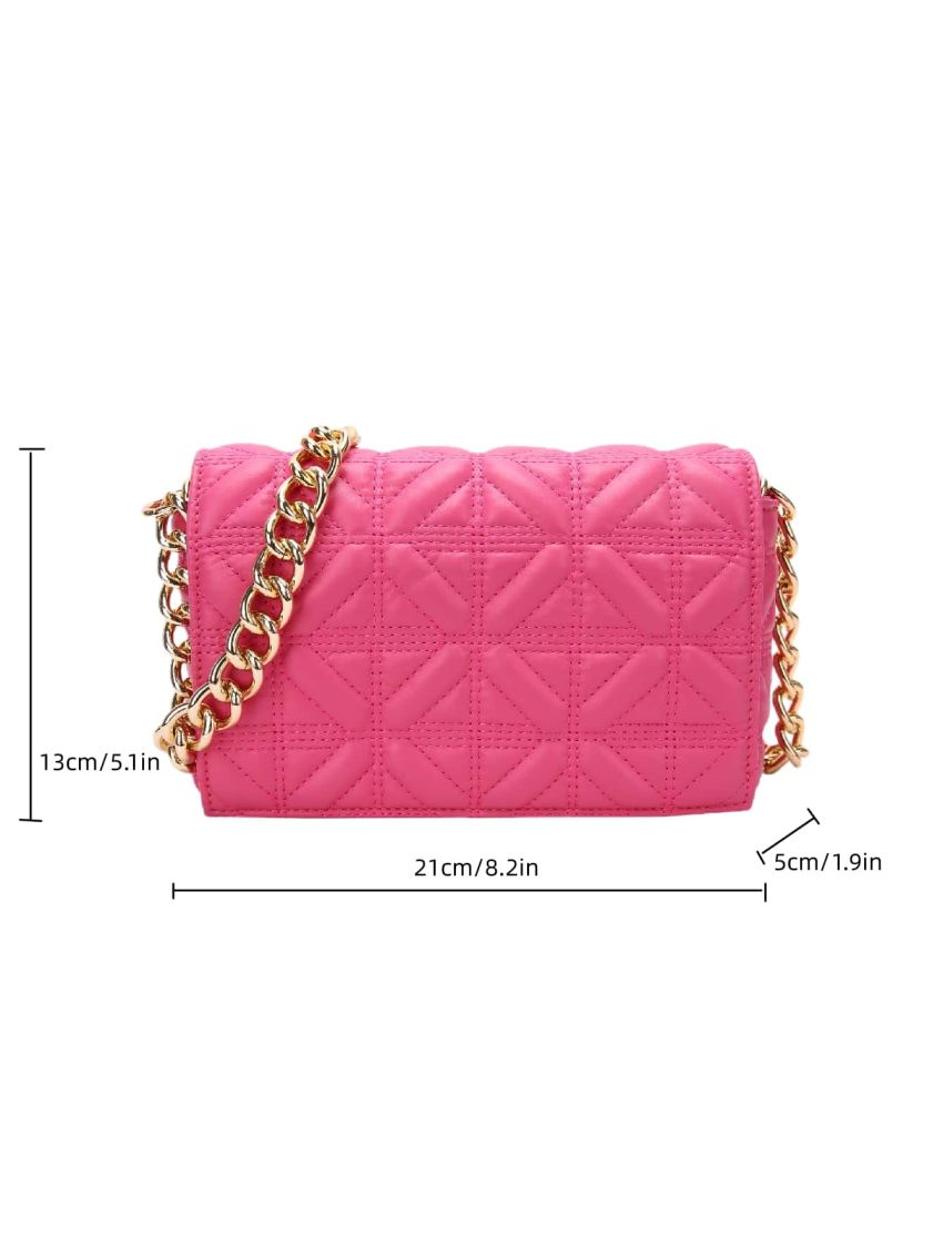 Small Square Bag Funky Neon Pink Quilted Detail Flap Chain PU For Daily Life