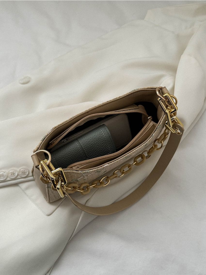 Floral Embroidered Straw Bag Vacation Chain Decor Zipper For Summer