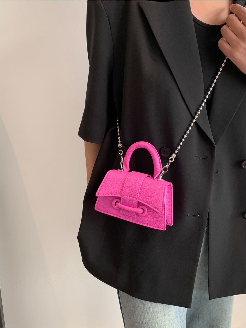 Mini Square Bag Litchi Embossed Neon Pink PU Funky