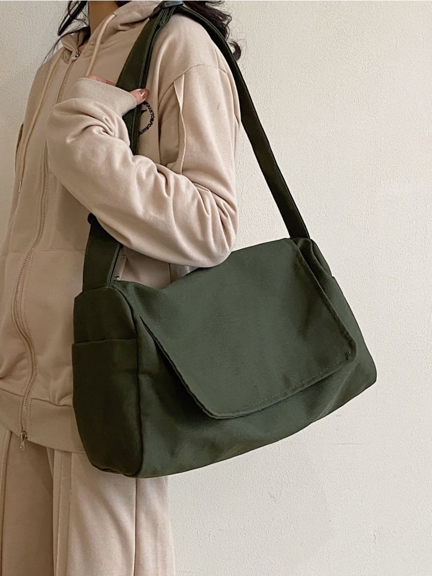 Oversized Messenger Bag Green Flap Polyester Minimalist For Daily Life