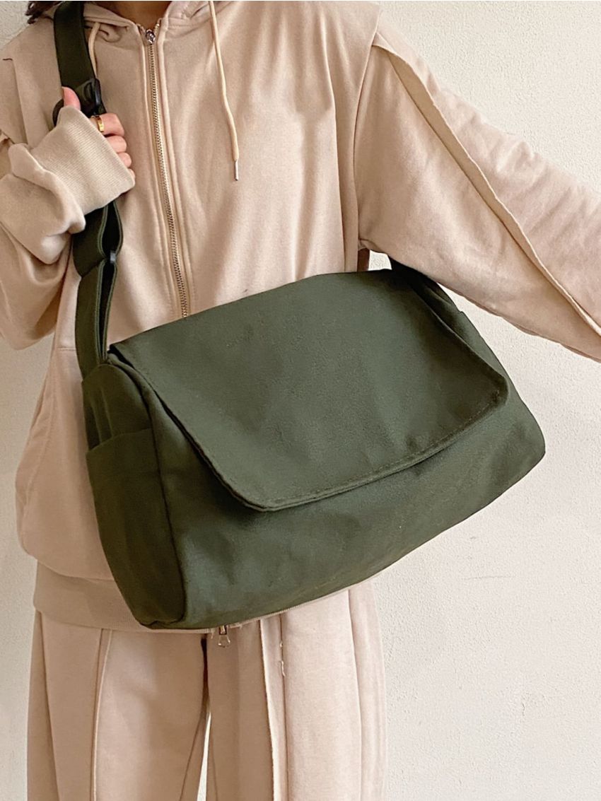 Oversized Messenger Bag Green Flap Polyester Minimalist For Daily Life