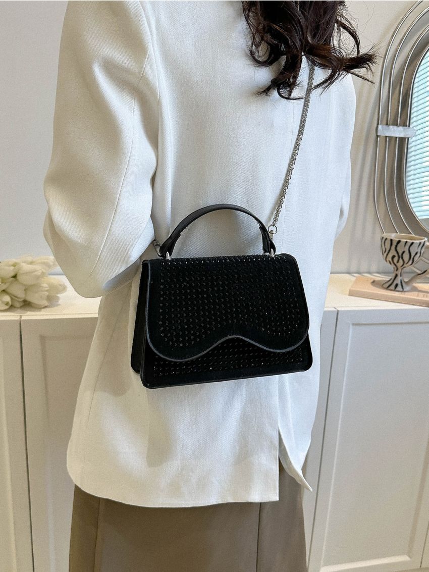 Studded Decor Square Bag Small Flap Top Handle Black