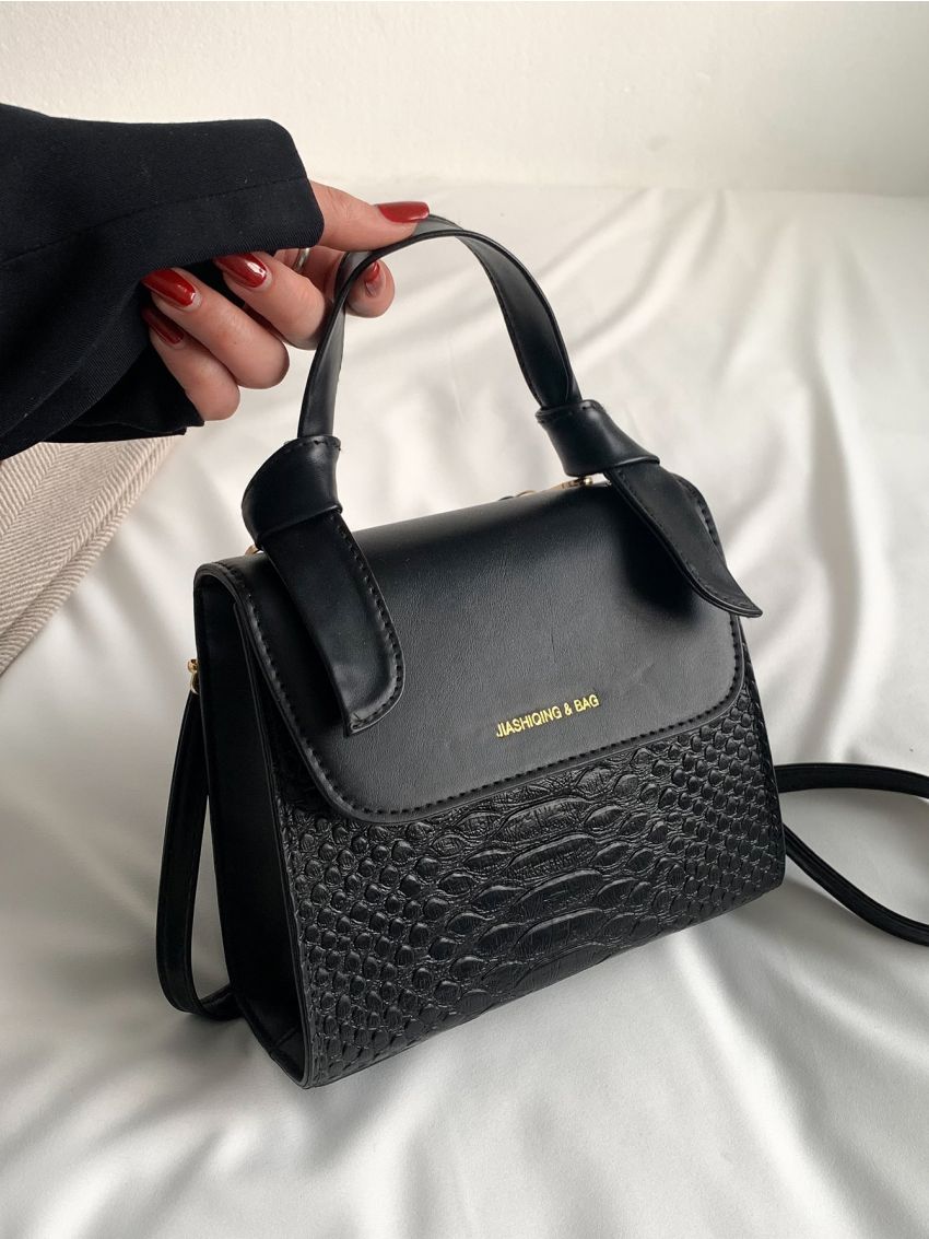 Snakeskin Embossed Square Bag Mini Black Top Handle Elegant