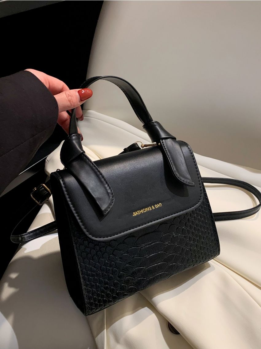 Snakeskin Embossed Square Bag Mini Black Top Handle Elegant