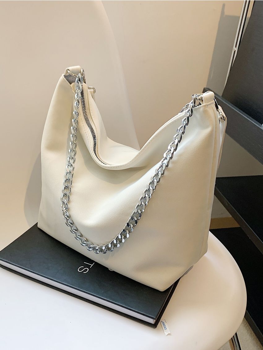 Minimalist Hobo Bag Chain Decor Small Zipper Adjustable Strap White